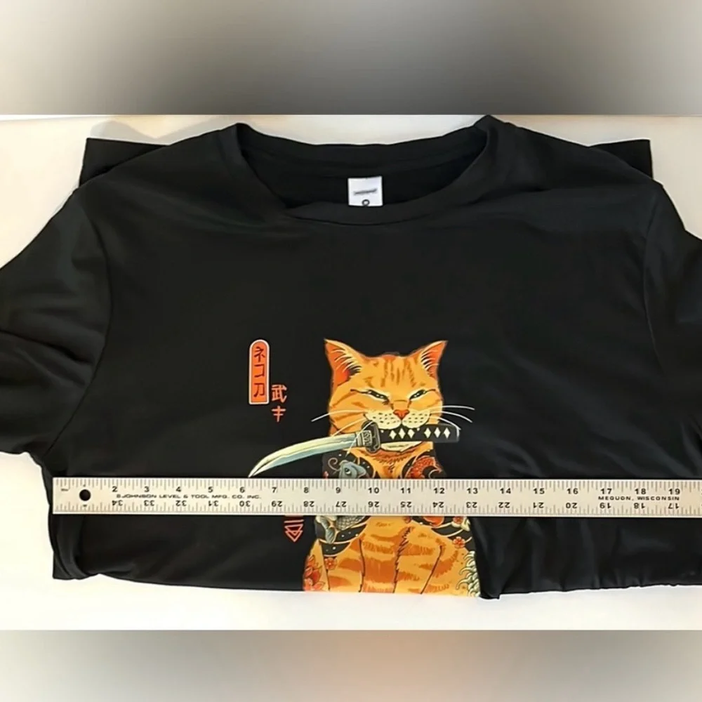 Samurai Tabby Cat Knife Koi Fish Black Graphic Men's Short Sleeve Tee Unisex Med - Picture 7 of 8